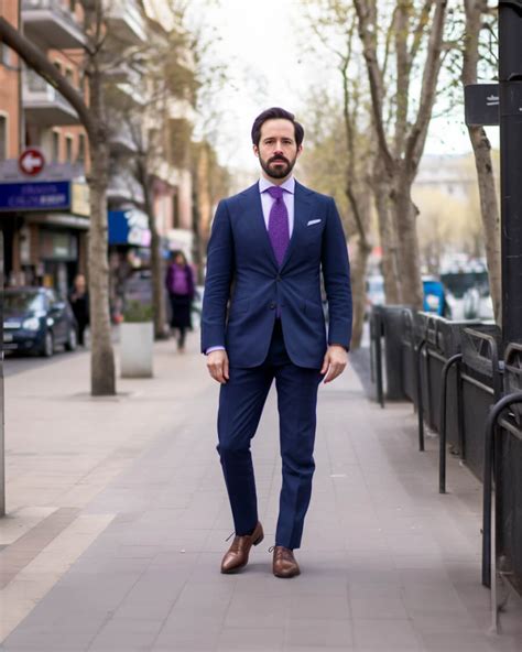 navy suit purple tie